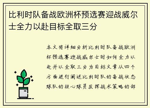 比利时队备战欧洲杯预选赛迎战威尔士全力以赴目标全取三分