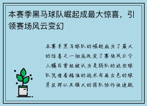 本赛季黑马球队崛起成最大惊喜，引领赛场风云变幻