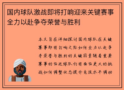 国内球队激战即将打响迎来关键赛事全力以赴争夺荣誉与胜利